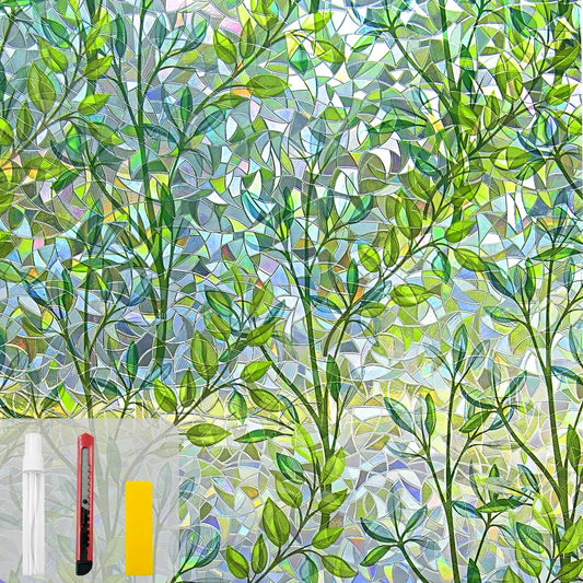 Static Cling Window Privacy Film – 35" × 157", Green Botanical Frosted Glass, No-Adhesive UV-Blocking Cover