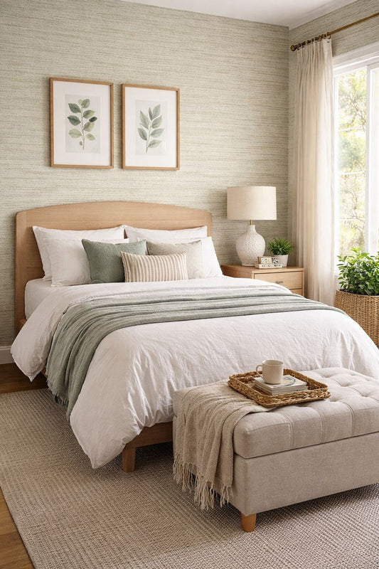 grasscloth peel and stick wallpaper in a bedroom