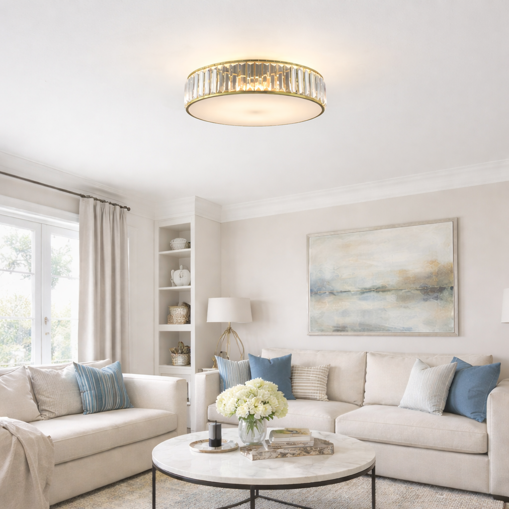 Gold Crystal Flush Mount Ceiling Light - Living Room Setting