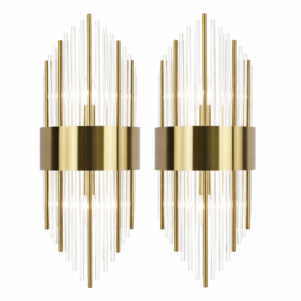 Modern Gold Crystal Wall Sconces – Set of 2 Brass Glass Vanity Lights – 2-Light E12 Hardwired Wall Fixtures