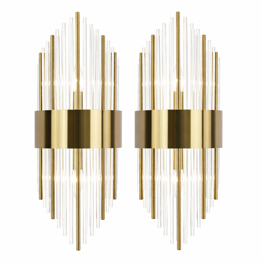 Modern Gold Crystal Wall Sconces – Set of 2 Brass Glass Vanity Lights – 2-Light E12 Hardwired Wall Fixtures