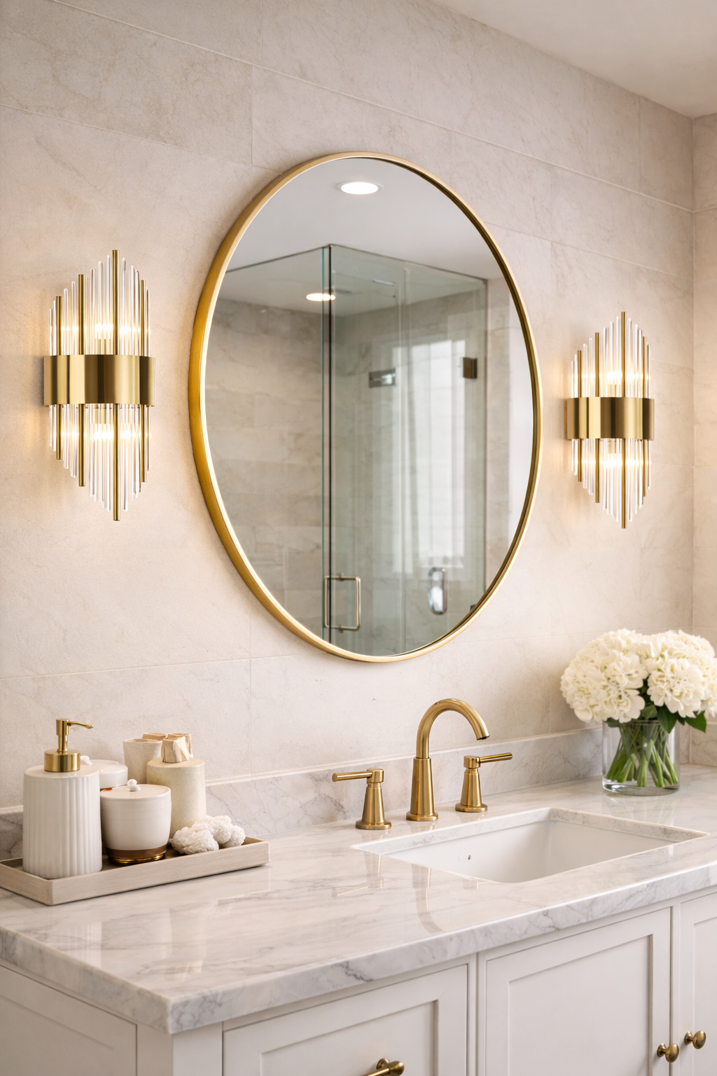 Modern Gold Crystal Wall Sconces – Set of 2 Brass Glass Vanity Lights – 2-Light E12 Hardwired Wall Fixtures