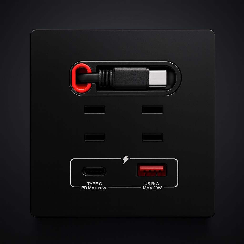 Modern black wall outlet with built-in charging cable front view