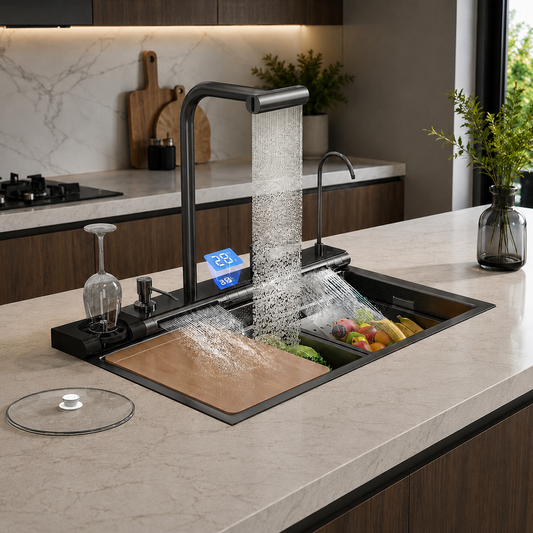 Smart Dual Waterfall Kitchen Sink Workstation with Digital Display & Pull-Out Faucet – 31.5" Stainless Steel
