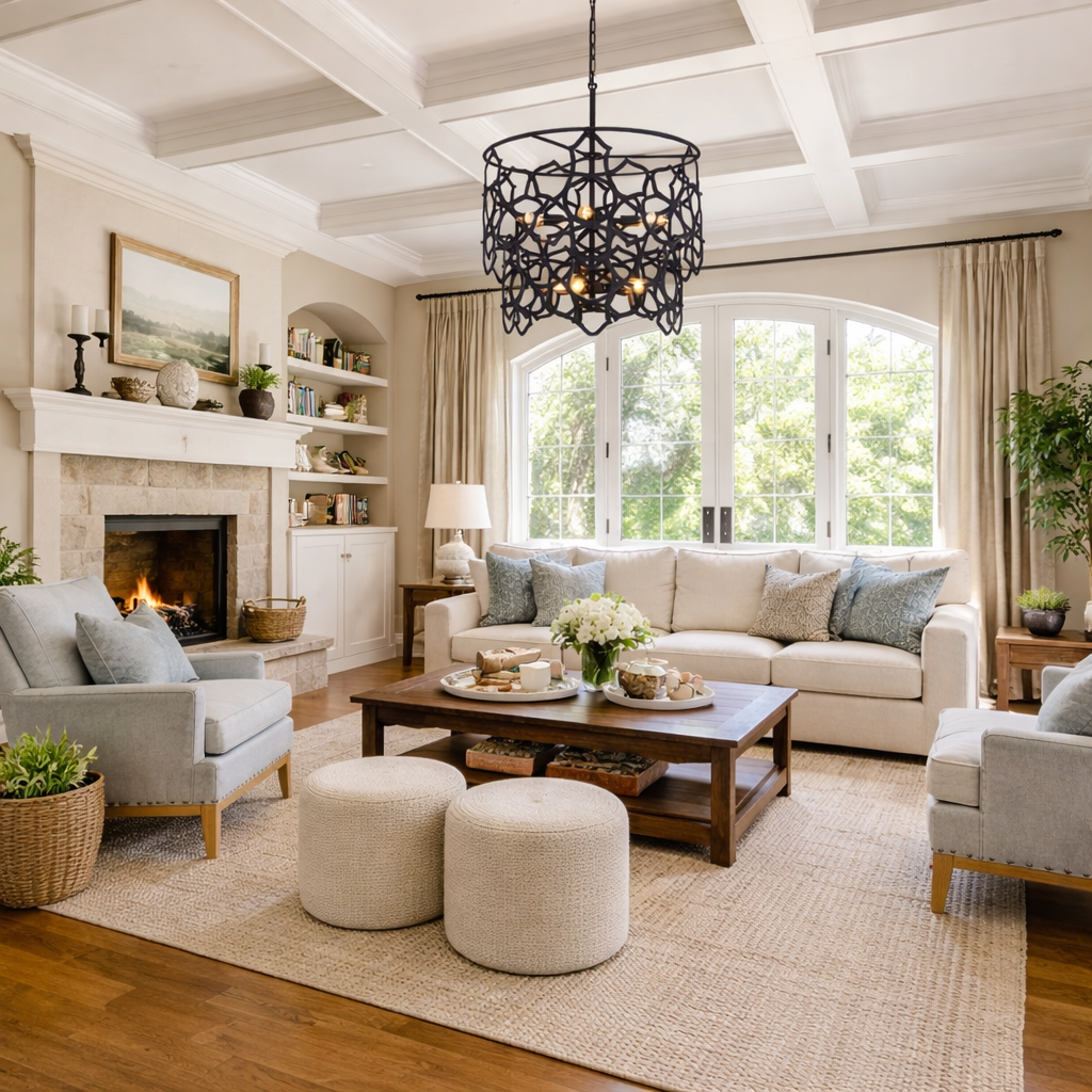 Black Farmhouse Chandelier – 7-Light Modern Industrial Pendant Light Fixture for Dining Room, Living Room & Entryway