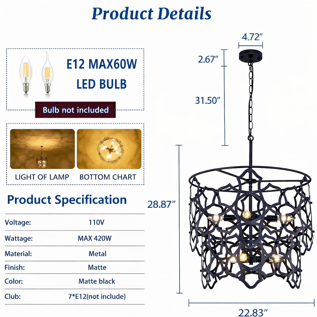 Black Farmhouse Chandelier – 7-Light Modern Industrial Pendant Light Fixture for Dining Room, Living Room & Entryway