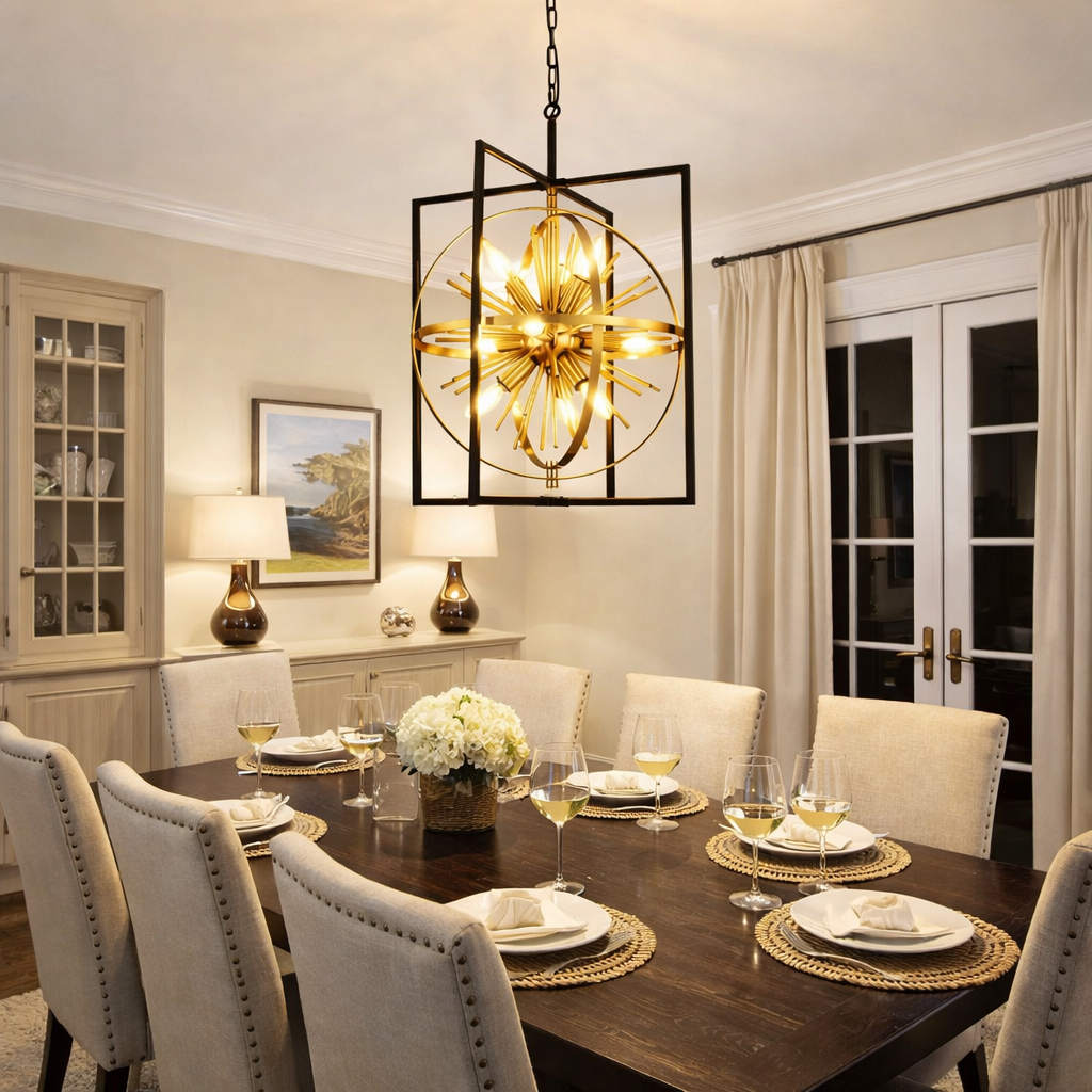 Black and gold Sputnik Chandelier - Dining room setting