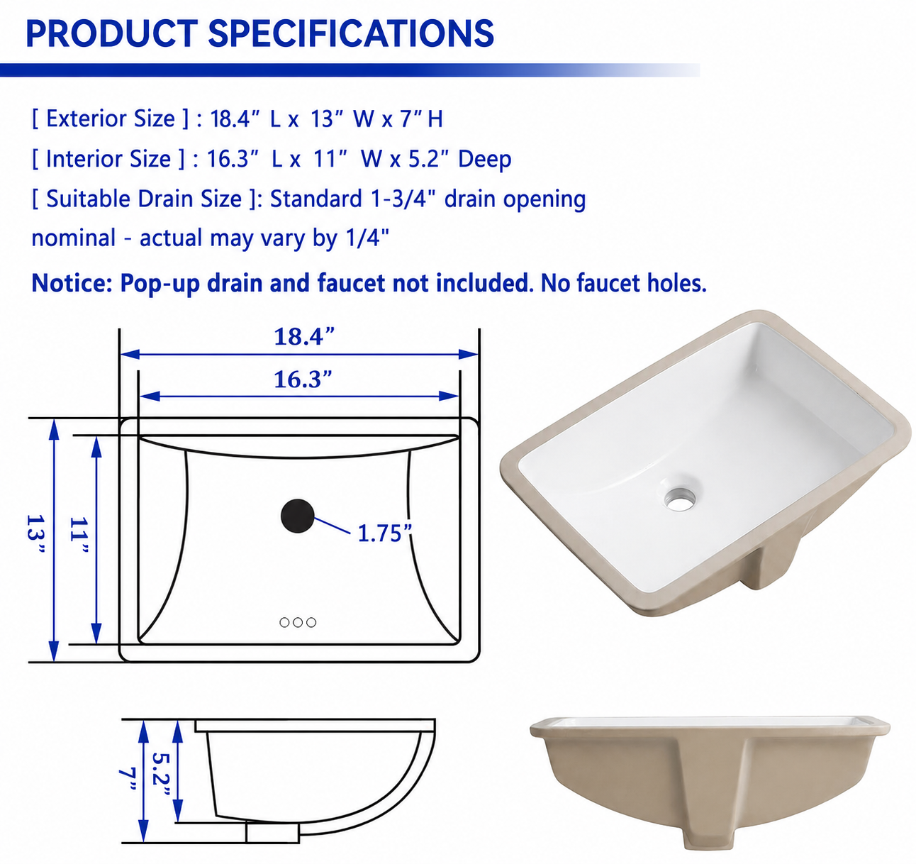18" White Ceramic Undermount Bathroom Sink – Rectangular Porcelain Vanity Basin with Overflow