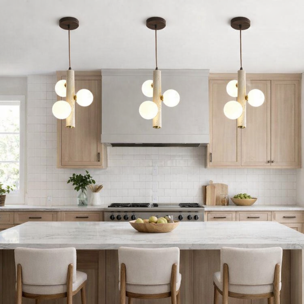 Travertine Pendant Light in modern kitchen with elegant design, featuring 3 lights illuminating the countertop.