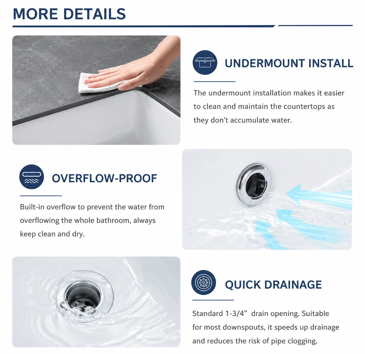 18" White Ceramic Undermount Bathroom Sink – Rectangular Porcelain Vanity Basin with Overflow