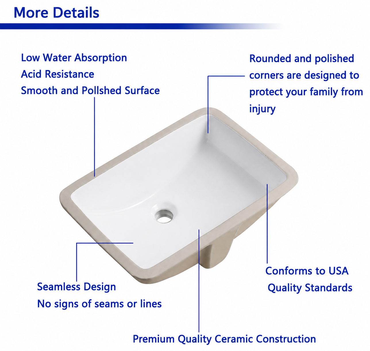 18" White Ceramic Undermount Bathroom Sink – Rectangular Porcelain Vanity Basin with Overflow