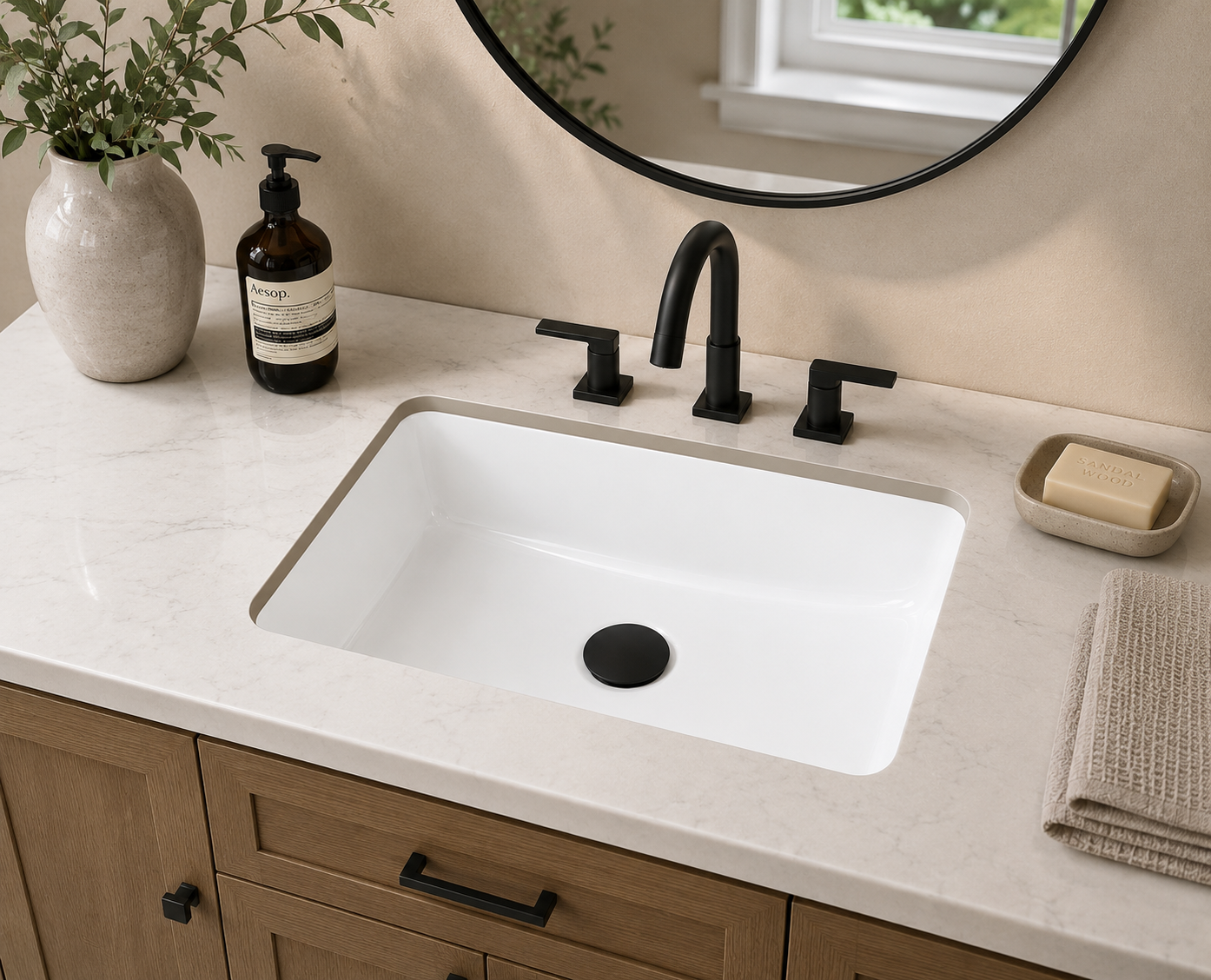 18" White Ceramic Undermount Bathroom Sink – Rectangular Porcelain Vanity Basin with Overflow