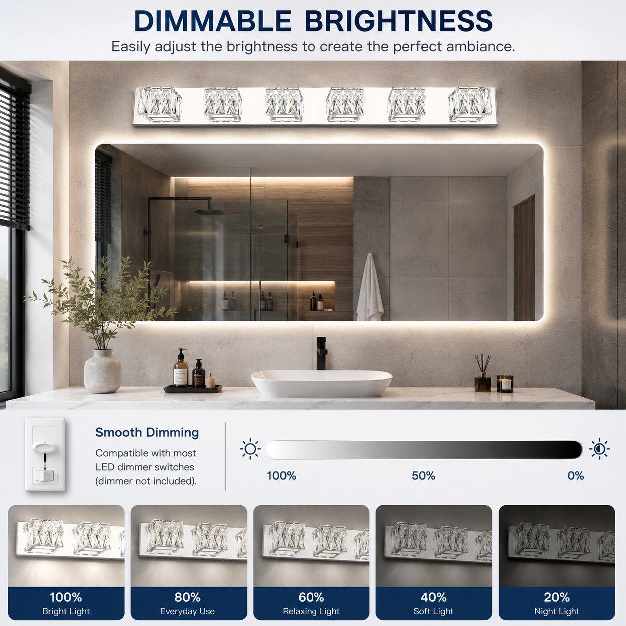 41.7" Modern LED Crystal Bathroom Vanity Light – 6-Light Chrome Fixture with 5CCT Color Selectable & Dimmable