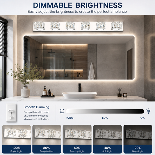 41.7" Modern LED Crystal Bathroom Vanity Light – 6-Light Chrome Fixture with 5CCT Color Selectable & Dimmable
