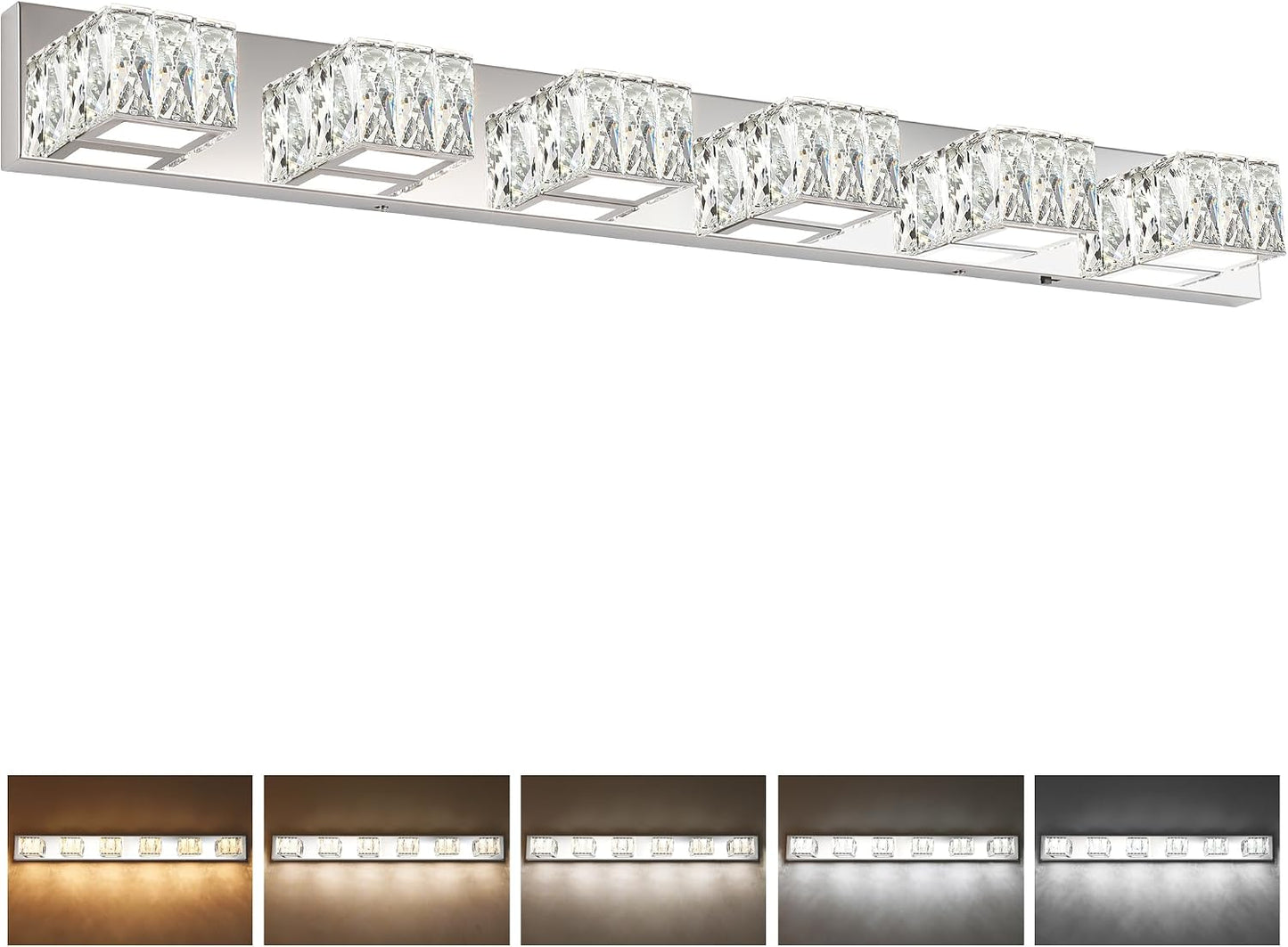 41.7" Modern LED Crystal Bathroom Vanity Light – 6-Light Chrome Fixture with 5CCT Color Selectable & Dimmable